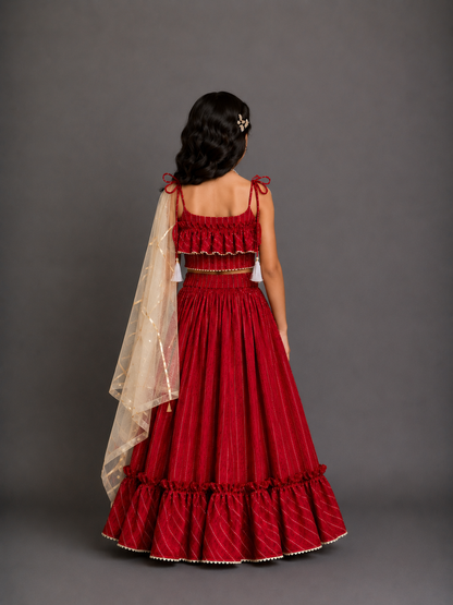 Deep Red Stripe Print Cotton Lehenga set