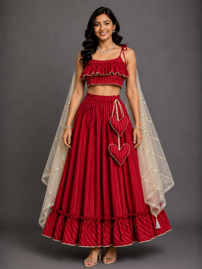 Deep Red Stripe Print Cotton Lehenga set