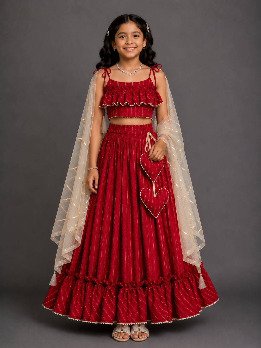 Deep Red Stripe Print Cotton Lehenga set
