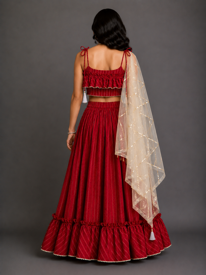Deep Red Stripe Print Cotton Lehenga set