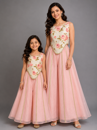 Blue & Pink Floral Crop Top Pallazo set