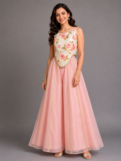 Blue & Pink Floral Crop Top Pallazo set