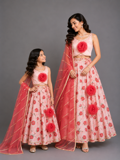 Baby Pink Rose Print 3D floral lehenga set