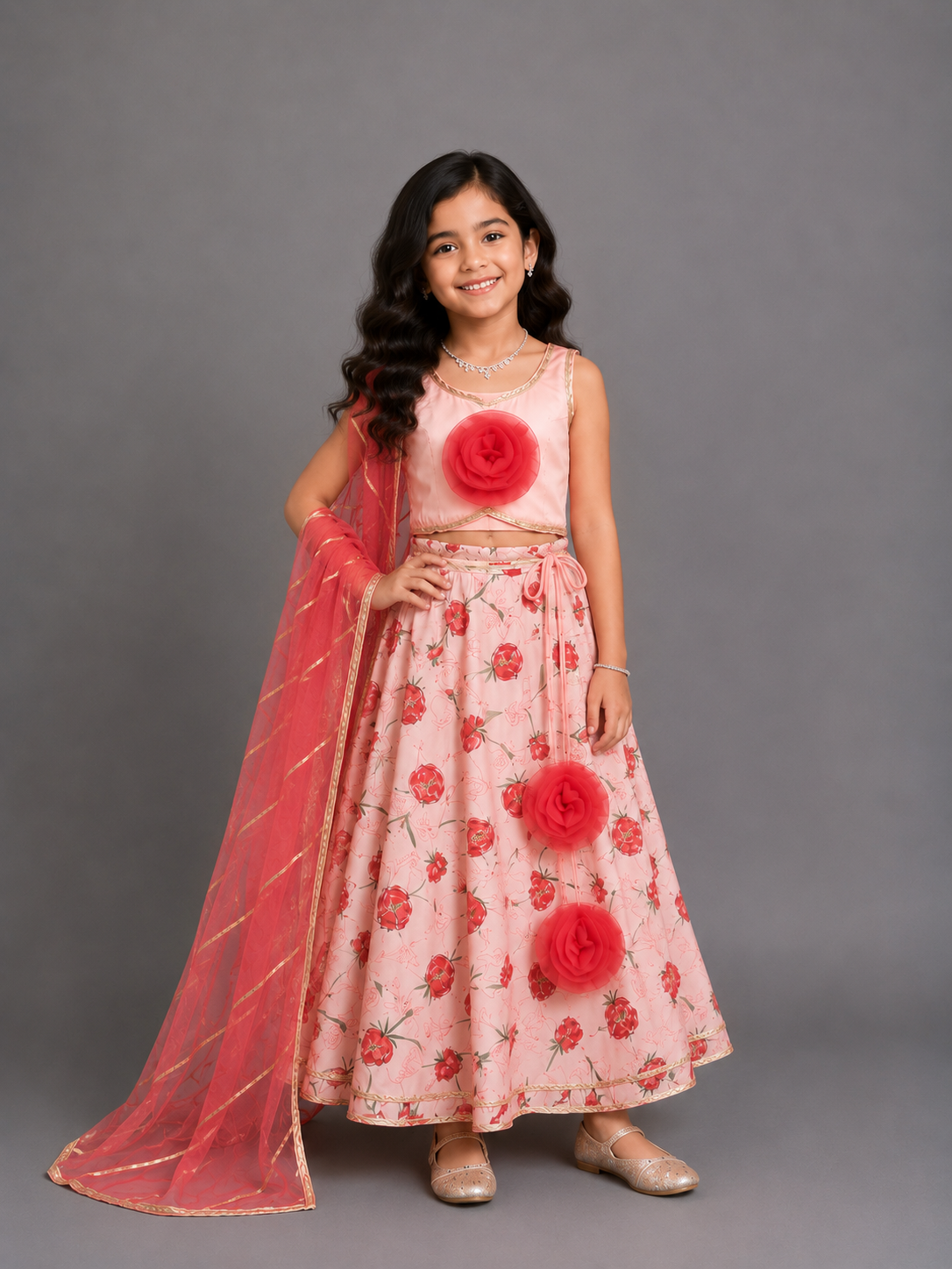 Baby Pink Rose Print 3D floral lehenga set