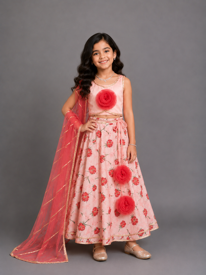 Baby Pink Rose Print 3D floral lehenga set