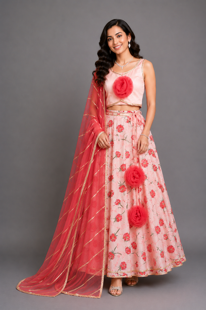 Baby Pink Rose Print 3D floral lehenga set