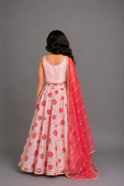 Baby Pink Rose Print 3D floral lehenga set