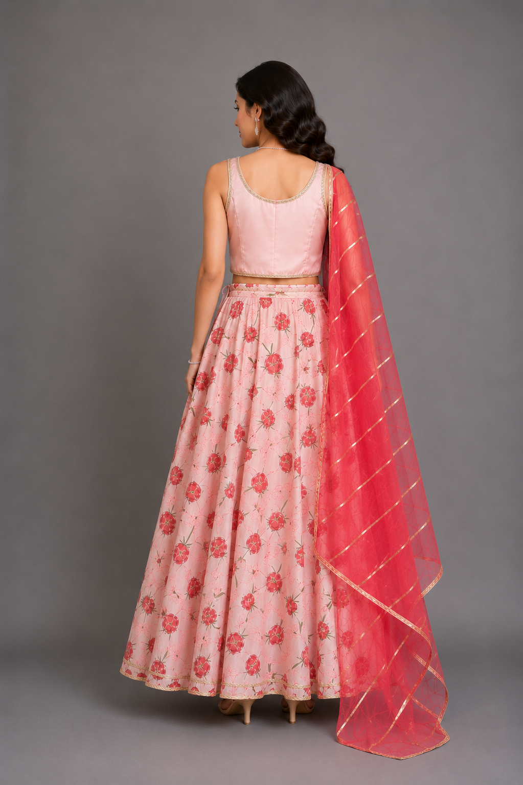 Baby Pink Rose Print 3D floral lehenga set