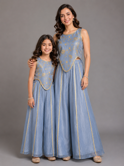 Powder Blue Embrodried Crop Top Pallazo Set