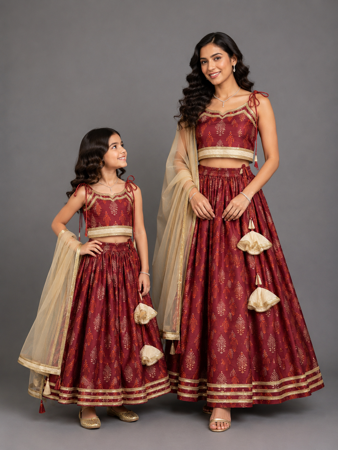 Maroon Noodle Strap Printed Lehenga Set