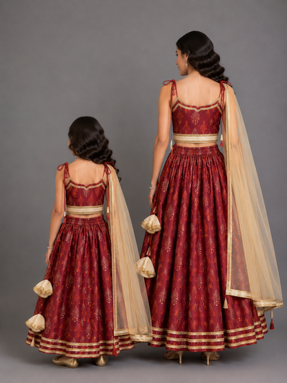 Maroon Noodle Strap Printed Lehenga Set