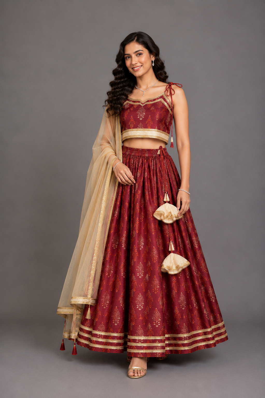 Maroon Noodle Strap Printed Lehenga Set