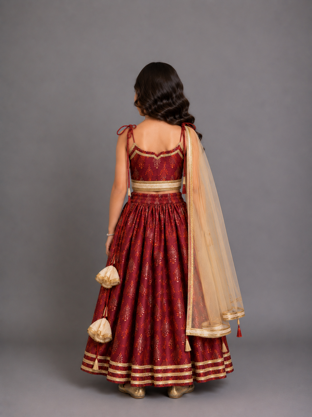 Maroon Noodle Strap Printed Lehenga Set
