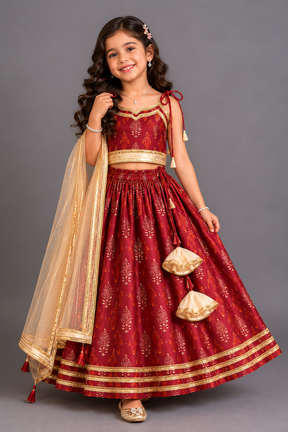 Maroon Noodle Strap Printed Lehenga Set