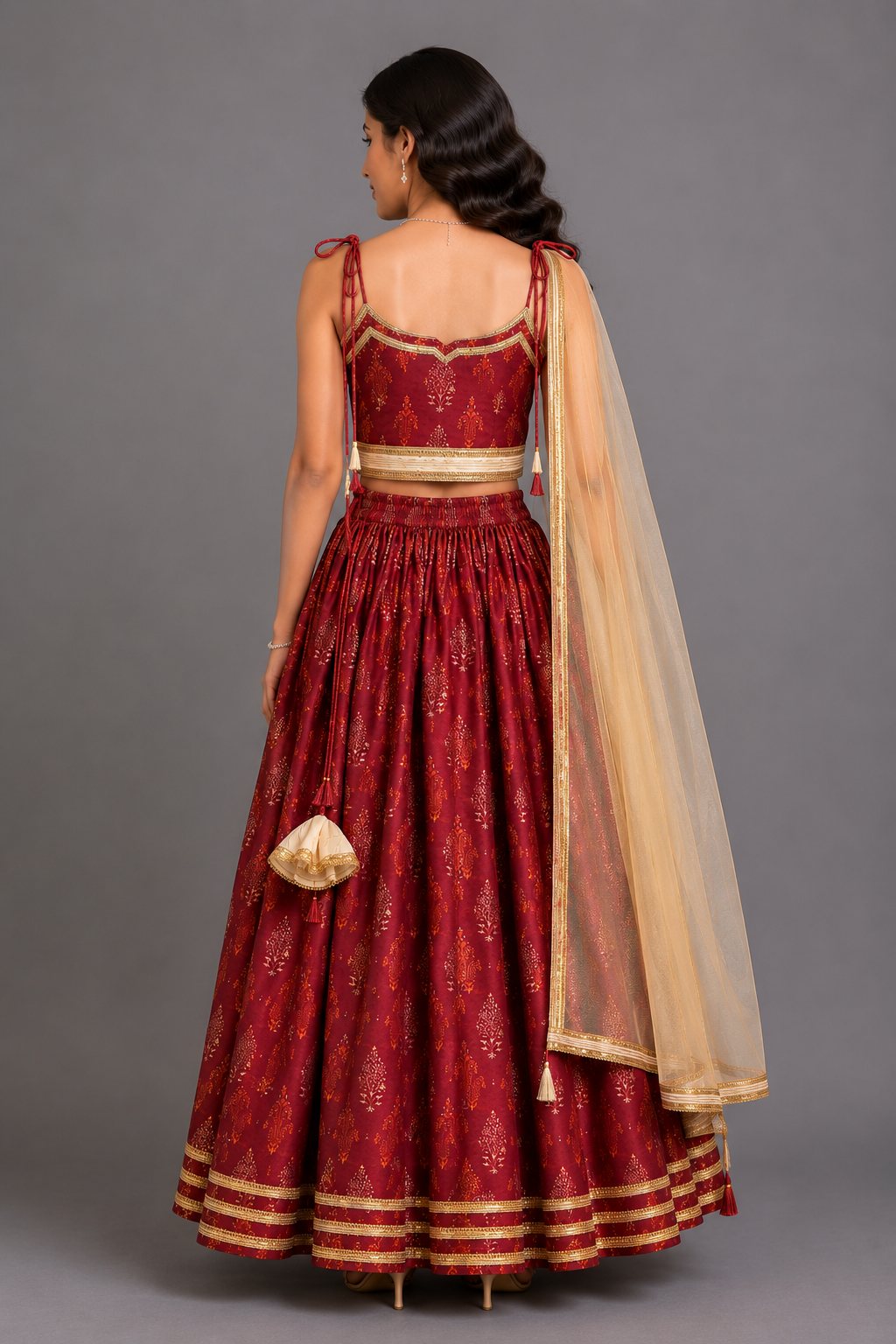 Maroon Noodle Strap Printed Lehenga Set