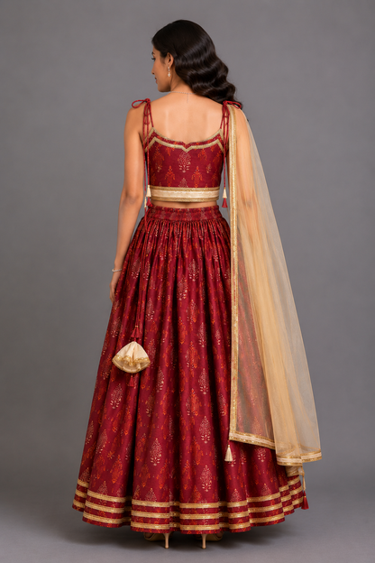 Maroon Noodle Strap Printed Lehenga Set