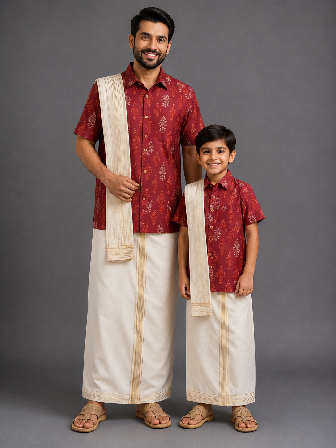 Printed Deep Red Shirt lungi Set with Patka