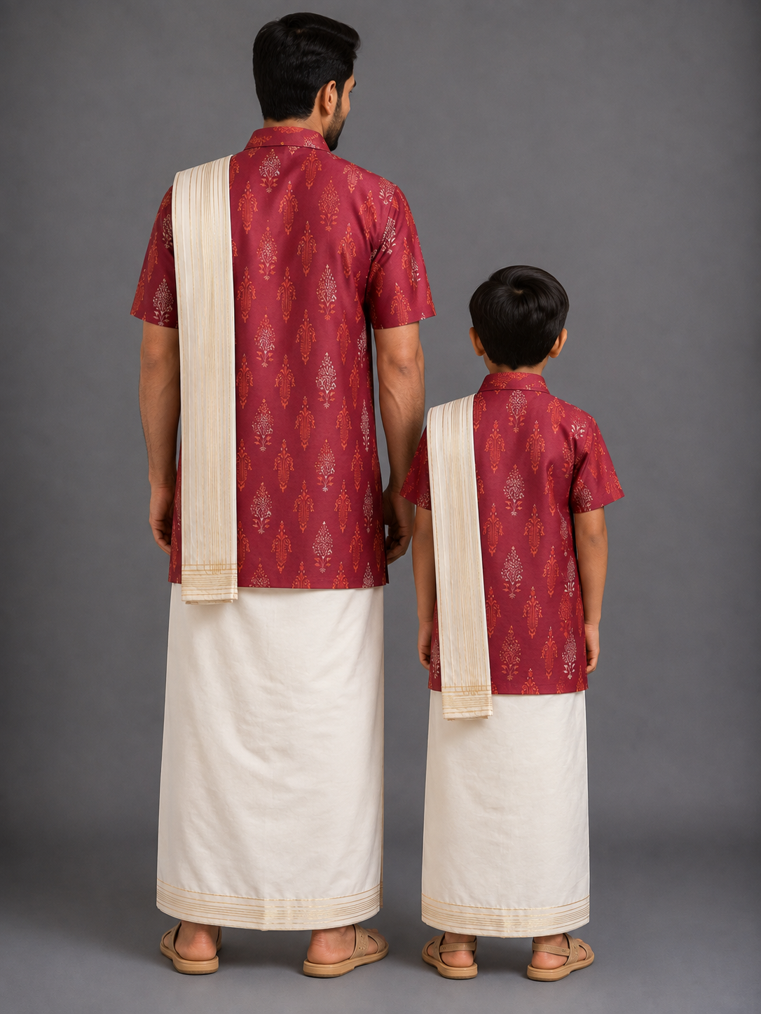 Printed Deep Red Shirt lungi Set with Patka