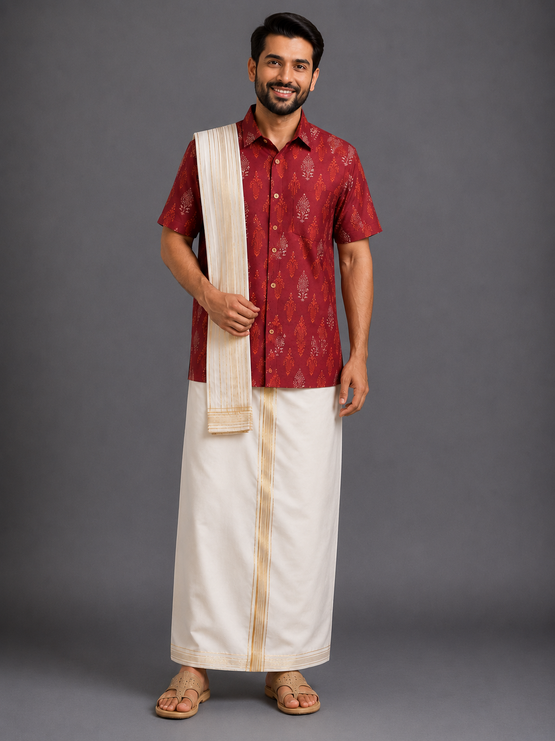 Printed Deep Red Shirt lungi Set with Patka