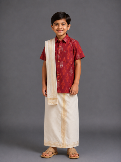 Printed Deep Red Shirt lungi Set with Patka