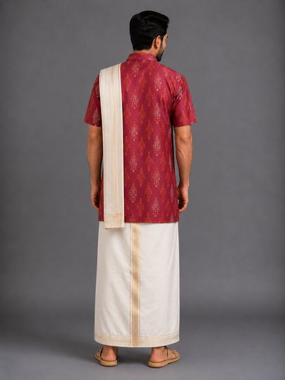 Printed Deep Red Shirt lungi Set with Patka