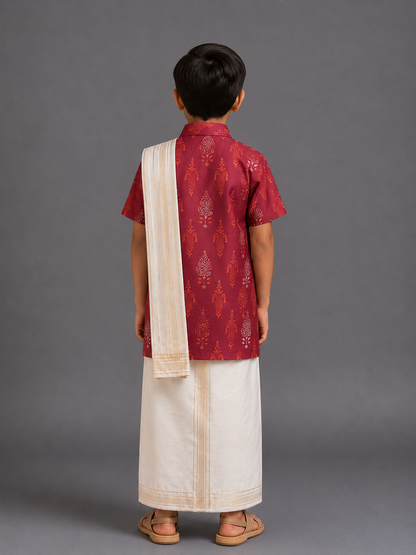 Printed Deep Red Shirt lungi Set with Patka