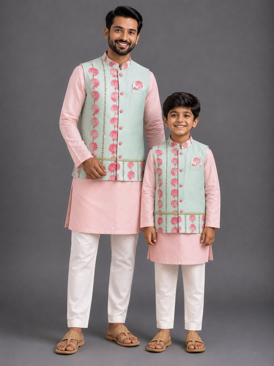 Blue Pink Carnation Kurta Waist coat Set