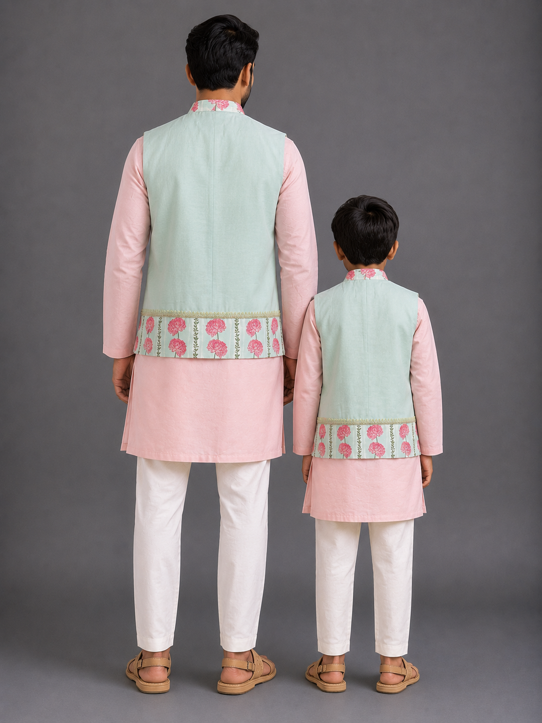 Blue Pink Carnation Kurta Waist coat Set
