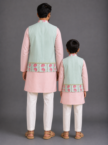 Blue Pink Carnation Kurta Waist coat Set