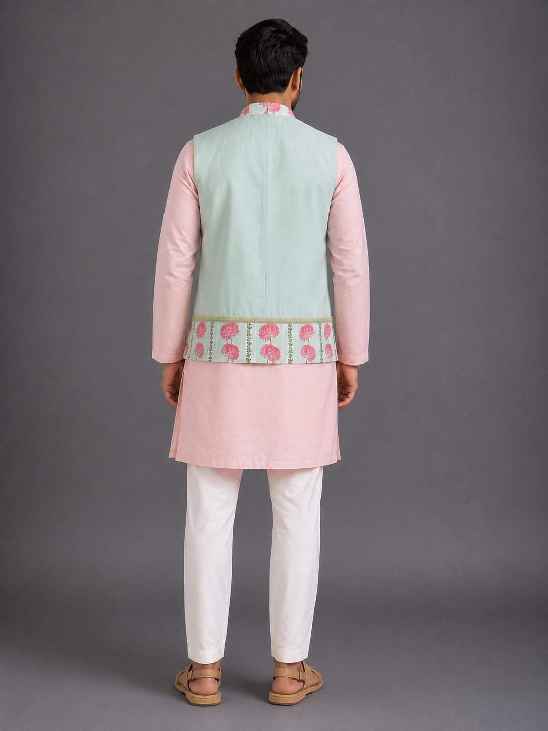 Blue Pink Carnation Kurta Waist coat Set