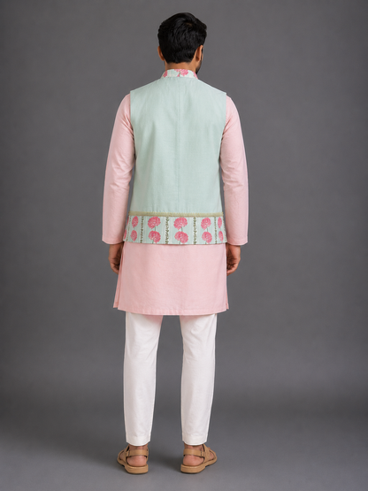 Blue Pink Carnation Kurta Waist coat Set