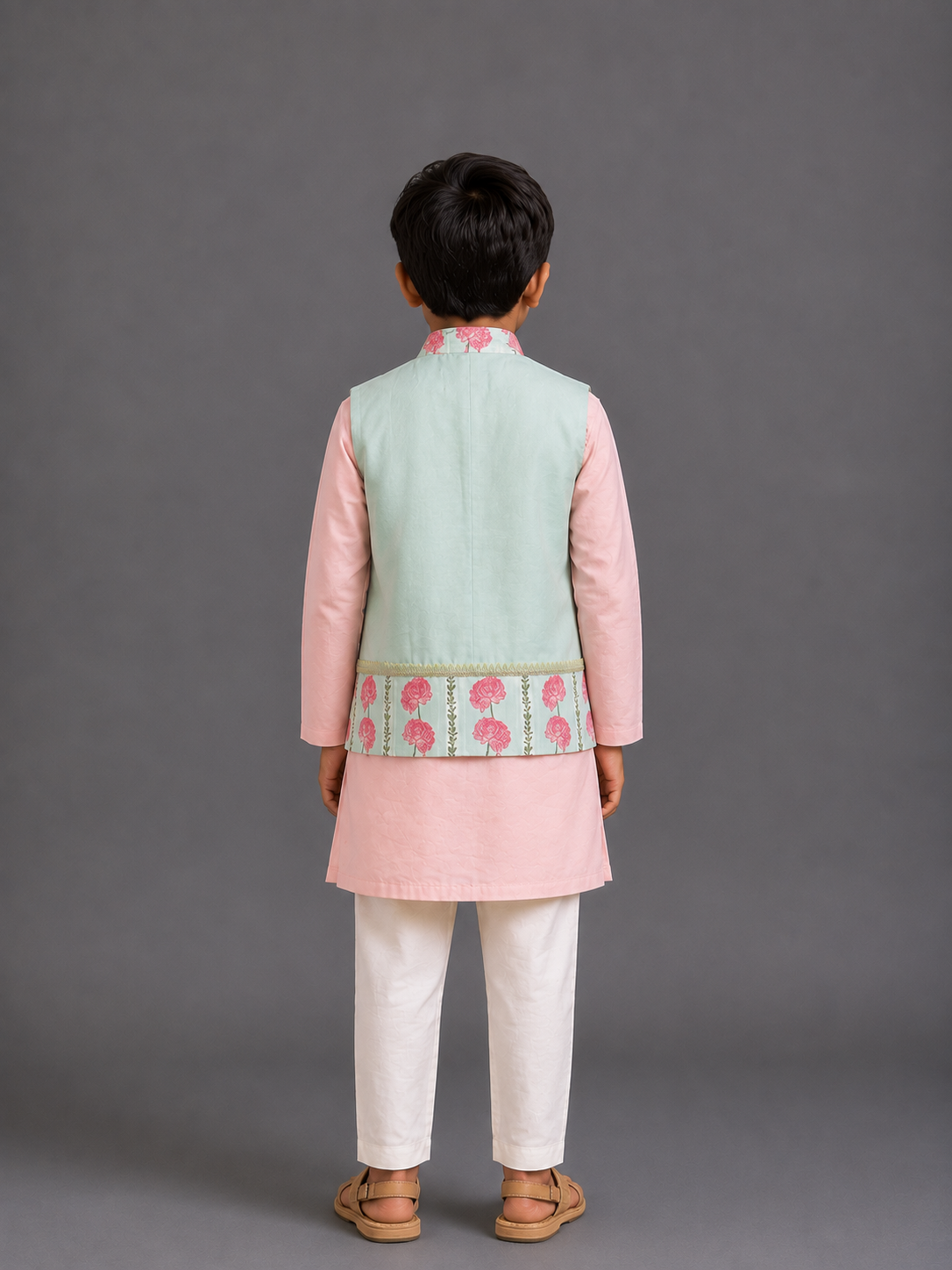Blue Pink Carnation Kurta Waist coat Set