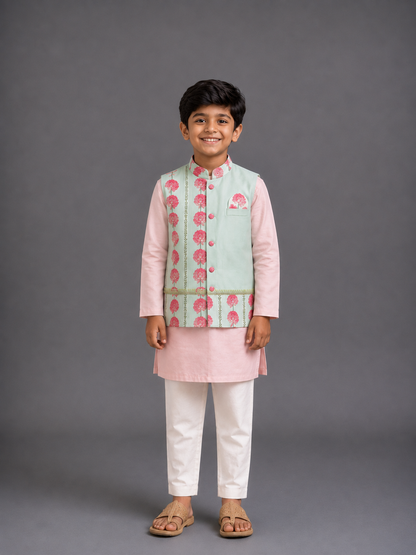 Blue Pink Carnation Kurta Waist coat Set
