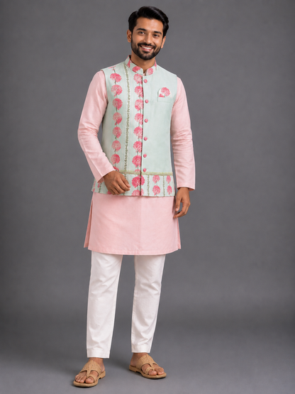 Blue Pink Carnation Kurta Waist coat Set