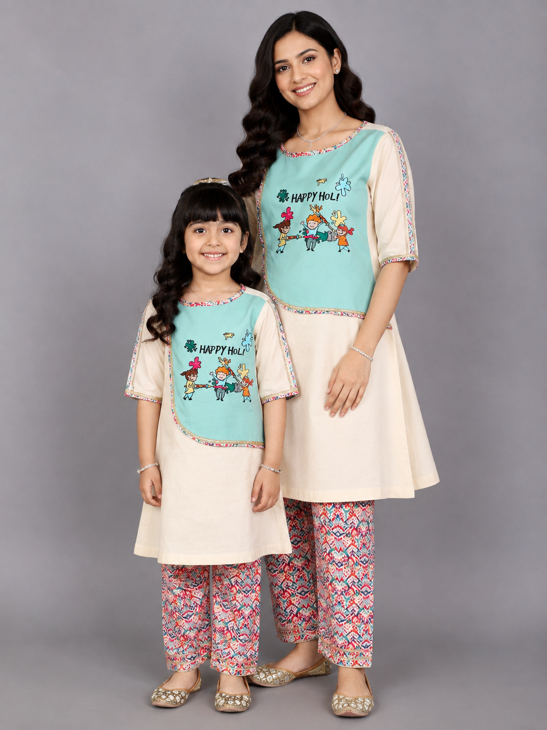 Kids Playing Holi Multi embroidery A-line Kurta Pyjama set