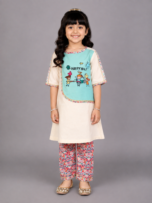 Kids Playing Holi Multi embroidery A-line Kurta Pyjama set