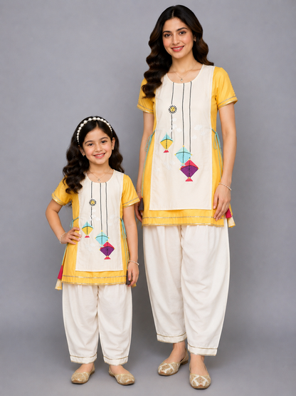 Kite embroidered Yellow white frock Pyjama set