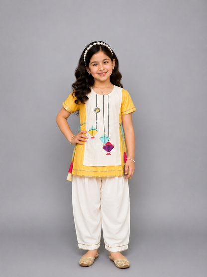 Kite embroidered Yellow white frock Pyjama set