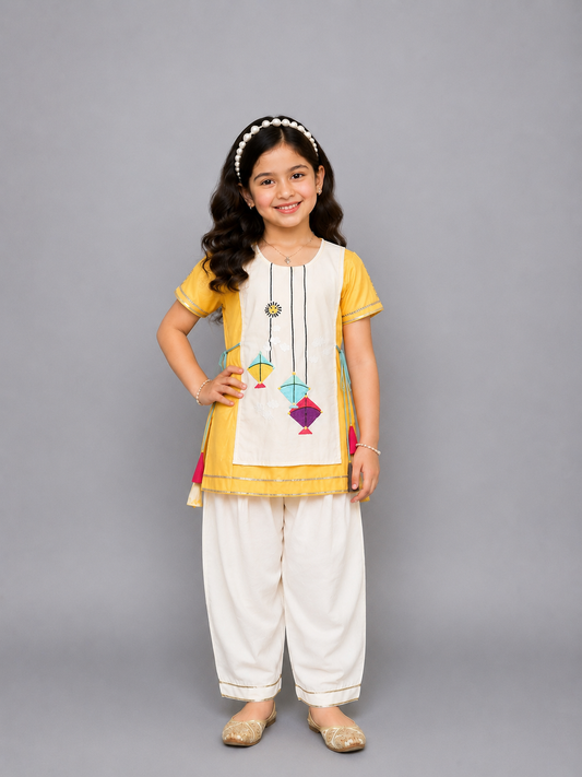 Kite embroidered Yellow white frock Pyjama set