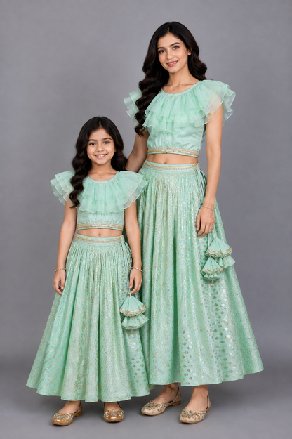 Pastel Green Organza Frill Chanderi lehnga set