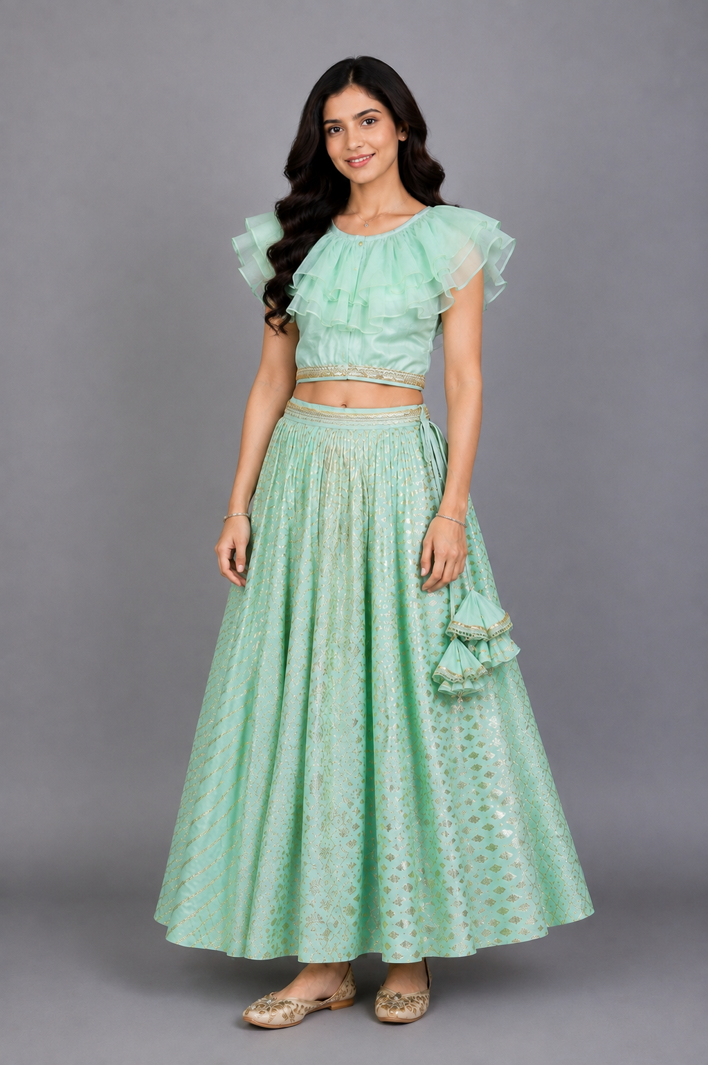 Pastel Green Organza Frill Chanderi lehnga set