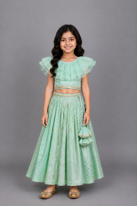 Pastel Green Organza Frill Chanderi lehnga set