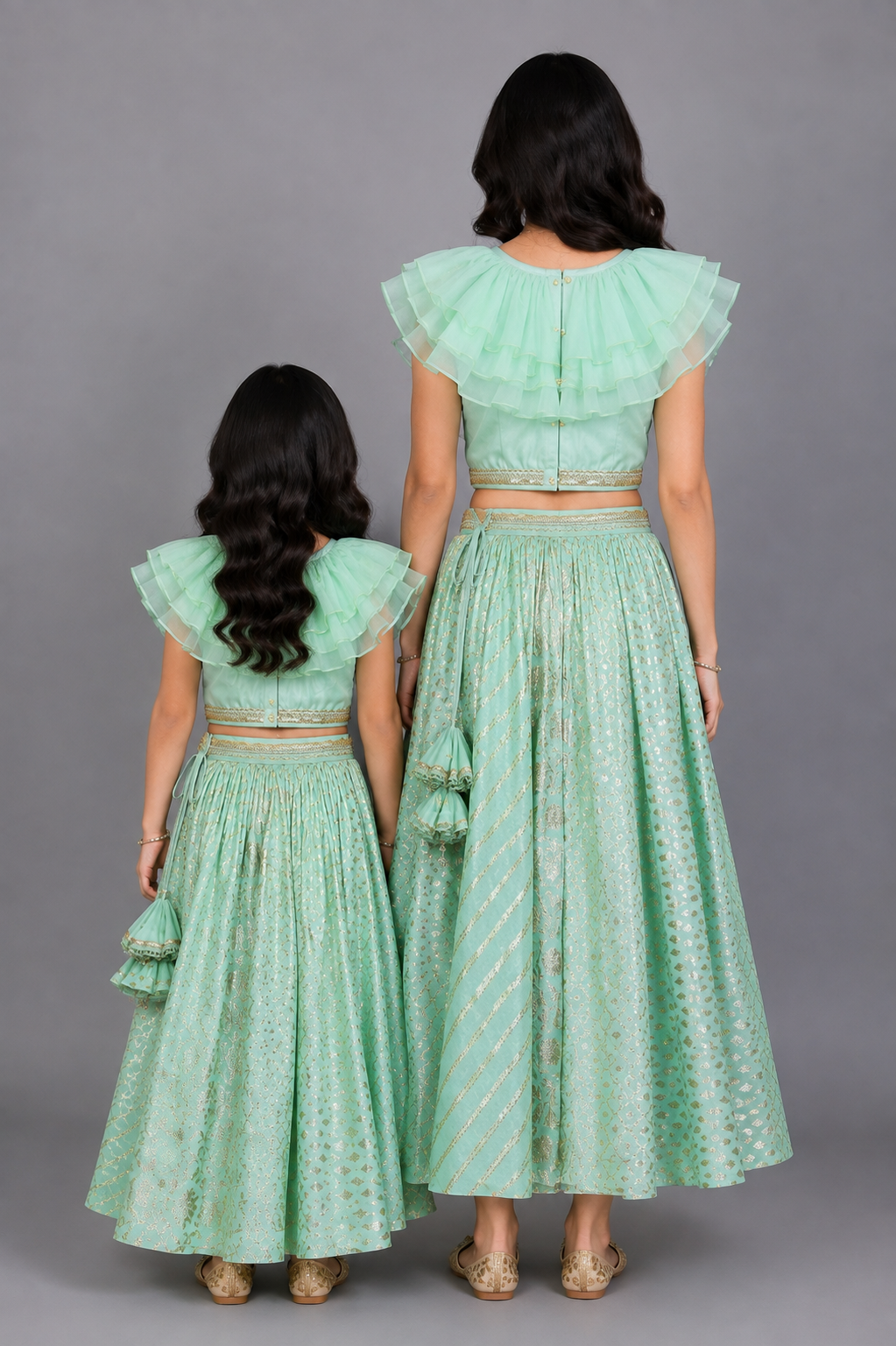 Pastel Green Organza Frill Chanderi lehnga set