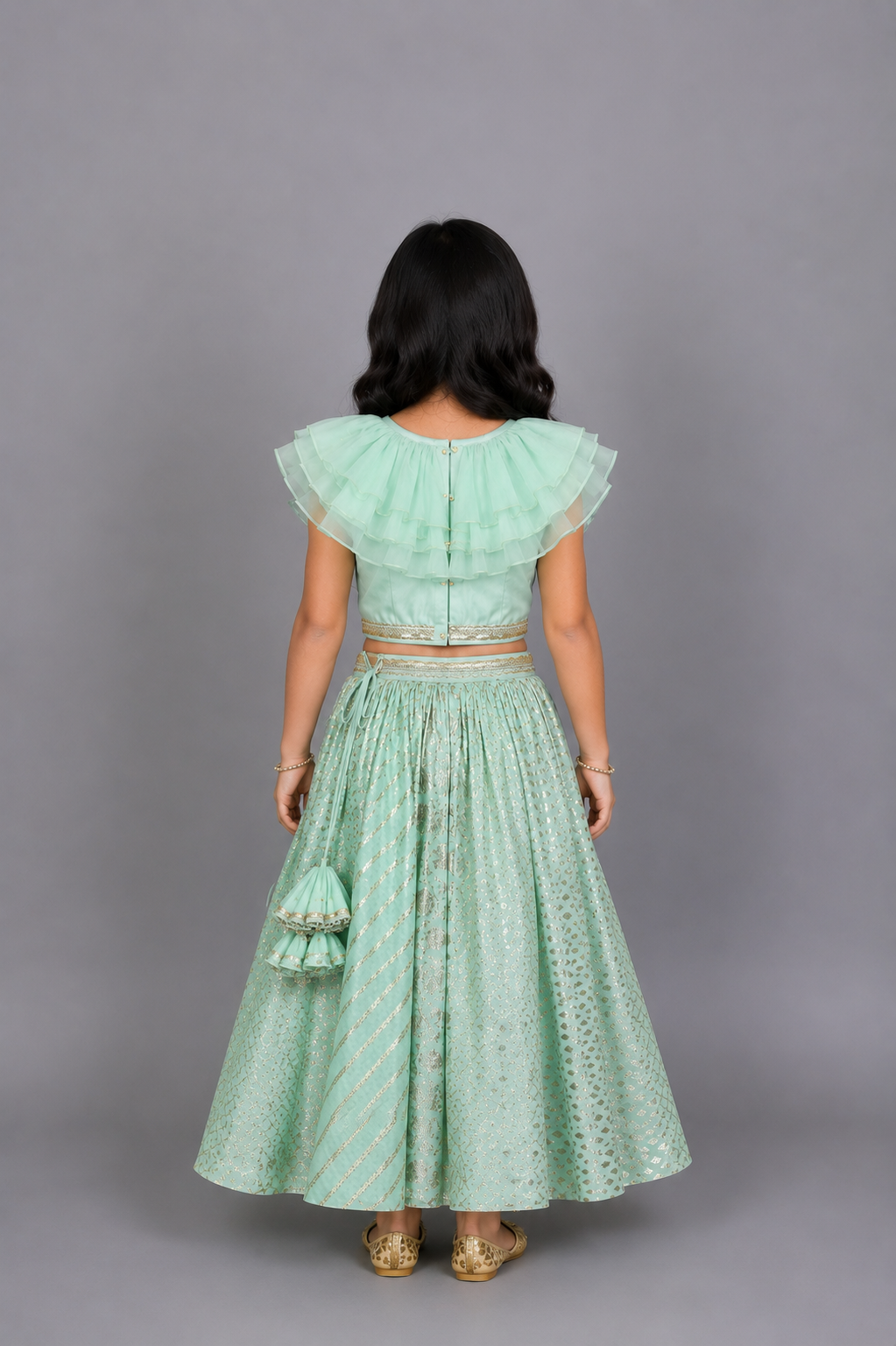 Pastel Green Organza Frill Chanderi lehnga set