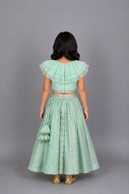 Pastel Green Organza Frill Chanderi lehnga set