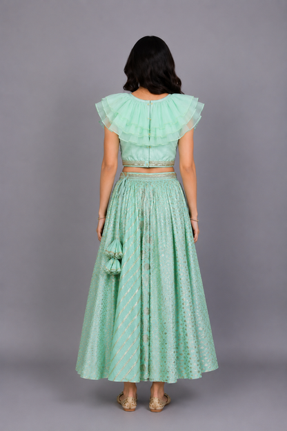 Pastel Green Organza Frill Chanderi lehnga set