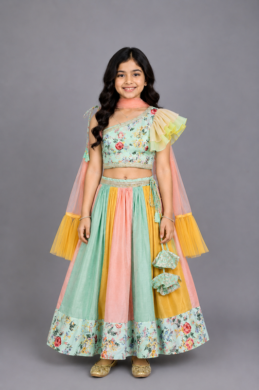 Green Floral printed off shoulder lehnga set