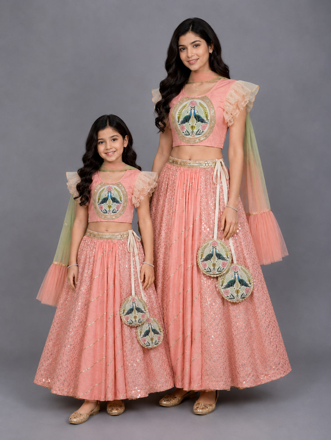 Peach peacock Printed Chanderi lehnga set
