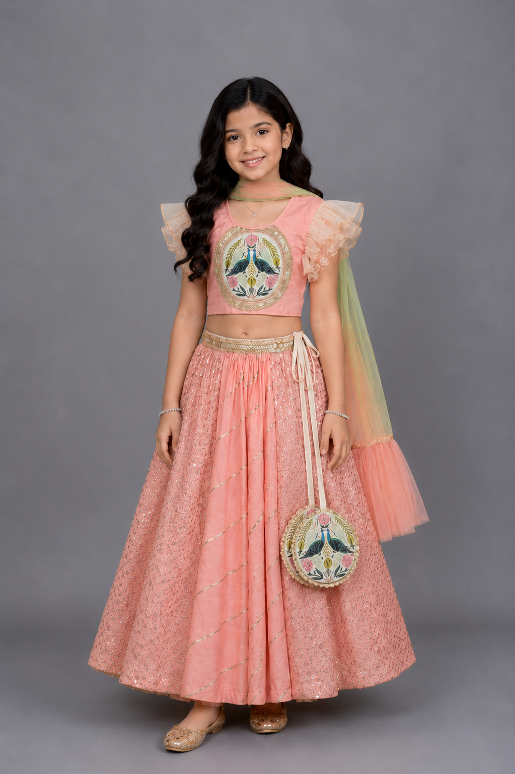 Peach peacock Printed Chanderi lehnga set