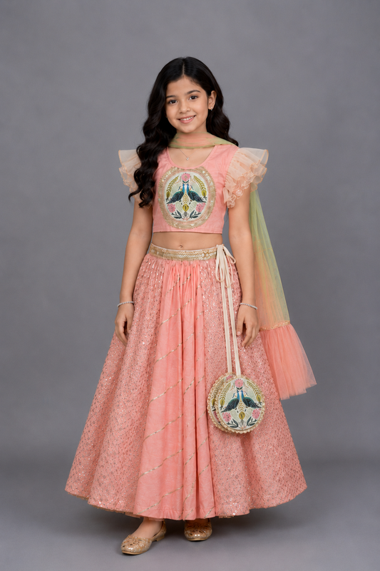 Peach peacock Printed Chanderi lehnga set
